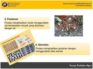 Kursus Orientasi KSSR DSKP Tahun 4
Pendidikan Kesenian
5. Pualaman
Proses menghasilkan corak menggunakan
cat berasaskan minyak yang dicampur
dengan air.
6. Stensilan
Proses menghasilkan gubahan dengan
menggunakan blok stensil.
 