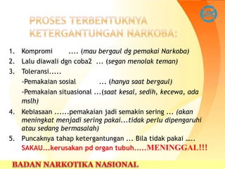 1. Kompromi .... (mau bergaul dg pemakai Narkoba)
2. Lalu diawali dgn coba2 ... (segan menolak teman)
3. Toleransi.....
-Pemakaian sosial ... (hanya saat bergaul)
-Pemakaian situasional ...(saat kesal, sedih, kecewa, ada
mslh)
4. Kebiasaan ......pemakaian jadi semakin sering ... (akan
meningkat menjadi sering pakai...tidak perlu dipengaruhi
atau sedang bermasalah)
5. Puncaknya tahap ketergantungan ... Bila tidak pakai …..
SAKAU...kerusakan pd organ tubuh.....MENINGGAL!!!
 