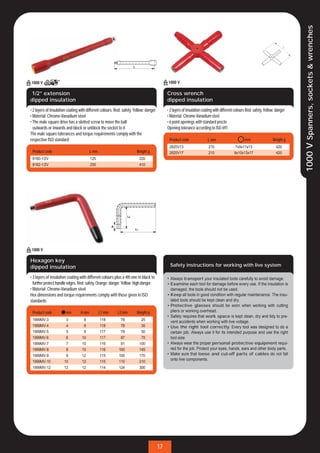 1000 V Spanners, sockets & wrenches
1/2” extension                                                                              Cross wrench
dipped insulation                                                                           dipped insulation
• 2 layers of insulation coating with different colours. Red: safety. Yellow: danger        • 2 layers of insulation coating with different colours Red: safety. Yellow: danger
• Material: Chrome-Vanadium steel                                                           • Material: Chrome-Vanadium steel
• The male square drive has a slotted screw to move the ball                                • 6 point openings with standard proﬁle
  outwards or inwards and block or unblock the socket to it                                 Opening tolerance according to ISO 691
The male square tolerances and torque requirements comply with the
respective ISO standard                                                                      Product code               L mm                      mm                  Weight g
                                                                                             2820V13                     210                7x9x11x13                   420
 Product code                           L mm                           Weight g              2820V17                     210               8x10x13x17                   420
 8160-1/2V                              125                              220
 8162-1/2V                              250                              410




Hexagon key
dipped insulation                                                                             Safety instructions for working with live system

• 3 layers of insulation coating with different colours plus a 4th one in black to          • Always transport your insulated tools carefully to avoid damage.
  further protect handle edges. Red: safety. Orange: danger. Yellow: high danger            • Examine each tool for damage before every use. If the insulation is
• Material: Chrome-Vanadium steel                                                             damaged, the tools should not be used.
Hex dimensions and torque requirements comply with those given in ISO                       • Keep all tools in good condition with regular maintenance. The insu-
standards                                                                                     lated tools should be kept clean and dry.
                                                                                            • Protective glasses should be worn when working with cutting
 Product code          mm        A mm          L1 mm      L2 mm        Weight g               pliers or working overhead.
                                                                                            • Safety requires that work space is kept clean, dry and tidy to pre-
 1999MV-3              3           8           118          78            25                  vent accidents when working with live voltage.
 1999MV-4              4           8           118          78            35                • Use the right tool correctly: Every tool was designed to do a
 1999MV-5              5           8           117          78            50                  certain job. Always use it for its intended purpose and use the right
 1999MV-6              6          10           117          87            75                  tool size.
 1999MV-7              7          10           116          91           100                • Always wear the proper personal protective equipment requi-
 1999MV-8              8          10           116         100           145                  red for the job. Protect your eyes, hands, ears and other body parts.
 1999MV-9              9          12           115         100           170                • Make sure that loose and cut-off parts of cables do not fall
                                                                                              onto live components.
 1999MV-10            10          12           115         110           210
 1999MV-12            12          12           114         124           300




                                                                                       17
 