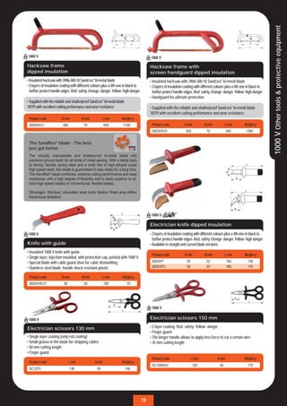 1000 V Other tools & protective equipment
Hacksaw frame                                                                             Hacksaw frame with
dipped insulation                                                                         screen handguard dipped insulation
• Insulated hacksaw with 3906-300-18 Sandﬂex® bi-metal blade                              • Insulated hacksaw with 3906-300-18 Sandﬂex® bi-metal blade
• 3 layers of insulation coating with different colours plus a 4th one in black to        • 3 layers of insulation coating with different colours plus a 4th one in black to
  further protect handle edges. Red: safety. Orange: danger. Yellow: high danger            further protect handle edges. Red: safety. Orange: danger. Yellow: high danger
                                                                                          • Handguard for ultimate protection
• Supplied with the reliable and shatterproof Sandﬂex® bi-metal blade
18TPI with excellent cutting performance and wear resistance                              • Supplied with the reliable and shatterproof Sandﬂex® bi-metal blade
                                                                                          18TPI with excellent cutting performance and wear resistance
 Product code            A mm          B mm            L mm          Weight g
 2820HSV1                 300            70             450          1100                  Product code            A mm          B mm            L mm         Weight g
                                                                                           2820HSV2                 300            70             450           1360


 The Sandflex® blade - The best
 just got better
 The virtually unbreakable and shatterproof bi-metal blade with
 precision ground teeth for all kinds of metal sawing. With a blade back
 of strong, ﬂexible spring steel and a tooth line in high-alloyed super
 high speed steel, this blade is guaranteed to stay sharp for a long time.
 The Sandﬂex® blade combines, extreme cutting performance and wear
 resistance, with a high degree of ﬂexibility and is vastly superior to all-
 hard high speed blades or conventional, ﬂexible blades.

 Stronger, thicker, steadier and cuts faster than any other
 hacksaw blades!




                                                                                          Electrician knife dipped insulation
                                                                                          • 3 layers of insulation coating with different colours plus a 4th one in black to
                                                                                            further protect handle edges. Red: safety. Orange: danger. Yellow: high danger
Knife with guide                                                                          • Available in straight and curved blade versions
• Insulated 1000 V knife with guide
                                                                                           Product code            A mm          B mm            L mm         Weight g
• Single layer, injection moulded, with protection cap, printed with 1000 V
• Special blade with cable guard shoe for cable dismantling                                2820VP                   50             22             180            130
• Stainless steel blade; handle shock resistant plastic                                    2820VPC                  50             23             180            170

 Product code            A mm          B mm            L mm          Weight g
 2820VHELP                38             20             180             70




                                                                                          Electrician scissors 150 mm

Electrician scissors 130 mm                                                               • 2 layer coating: Red: safety. Yellow: danger
                                                                                          • Finger guard
• Single layer coating (only red coating)                                                 • The longer handle allows to apply less force to cut a certain wire
• Small groove in the blade for stripping cables                                          • 35 mm cutting length
• 50 mm cutting length
• Finger guard
                                                                                           Product code                   L mm             A mm               Weight g
 Product code                   L mm             A mm                Weight g
                                                                                           SC150NGV                       150               38                   170
 SC127V                         130               50                    100




                                                                                     19
 