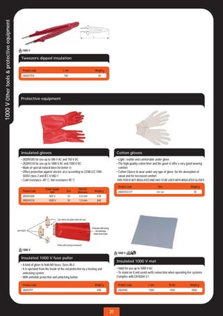 1000 V Other tools & protective equipment




                                               Tweezers dipped insulation


                                                 Product code                         L mm                                Weight g
                                                 2820VTEE                             150                                     50




                                               Protective equipment




                                               Insulated gloves                                                                                      Cotton gloves
                                               • 2820VG05 for use up to 500 V AC and 750 V DC                                                        • Light, ﬂexible and comfortable under glove
                                               • 2820VG10 for use up to 1000 V AC and 1500 V DC                                                      • The high-quality cotton liner and the good ﬁt offer a very good wearing
                                               • Made of special natural latex for better ﬁt                                                           comfort
                                               • Offers protection against electric arcs according to CENELEC ENV                                    • Cotton Gloves to wear under any type of glove, for the absorption of
                                                 50354 class 2 and IEC 61482-1                                                                         sweat and for increased comfort
                                               • Cold resistance -40° C; Hot resistance 90° C                                                        THIS ITEM IS NOT INSULATED AND HAS TO BE USED WITH INSULATED GLOVES

                                                                                                                                                      Product code                      Size                        Weight g
                                                                    Power Supply                         Material
                                                 Product code           Volt              Size          thickness        Weight g                     2820VGCOT                        One size                       30
                                                 2820VG05              500 V               10             0.5 mm            235
                                                 2820VG10             1000 V               10             1.0 mm            240




                                                                               Ears where the puller holds the fuse


                                                                                                                      Protection with locking
                                            NH FUSES                                                                      and unlocking
                                                                                                                        button in the inside




                                                                               Puller with locking mechanism




                                               Insulated 1000 V fuse puller
                                                                                                                                                     Insulated 1000 V mat
                                               • A kind of glove to hold NH fuses. Sizes 00-3
                                               • It is operated from the inside of the red protection by a locking and                               • Valid for use up to 5000 V AC
                                                 unlocking system                                                                                    • To stand on it and avoid earth connection when operating live systems
                                               • With antislide protection and unlocking button                                                      Complies with EN10204-3.1

                                                 Product code                                                            Weight g                     Product code              L mm              W mm             Weight g
                                                 2820VFP                                                                    458                       2820VM                    1000              1000               5500




                                                                                                                                                20
 
