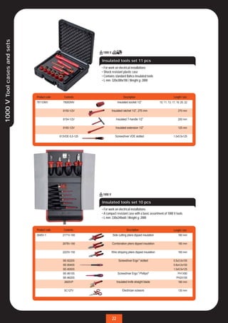 1000 V Tool cases and sets




                                                             Insulated tools set 11 pcs
                                                             • For work on electrical installations
                                                             • Shock resistant plastic case
                                                             • Contains standard Bahco Insulated tools
                                                             • L mm: 320x300x100 / Weight g: 2800



                             Product code      Contents                         Description                                Lenght / size
                             7811DMV          7800DMV                     Insulated socket 1/2”               10, 11, 13, 17, 19, 20, 22

                                              8150-1/2V             Insulated ratchet 1/2”, 270 mm                             270 mm

                                              8154-1/2V                 Insulated T-handle 1/2”                                200 mm

                                              8160-1/2V                 Insulated extension 1/2”                               125 mm

                                            813VDE-5,5-125             Screwdriver VDE slotted                             1.0x5.5x125




                                                             Insulated tools set 10 pcs
                                                             • For work on electrical installations
                                                             • A compact resistant case with a basic assortment of 1000 V tools
                                                             • L mm: 330x240x60 / Weight g: 2000


                             Product code      Contents                            Description                             Lenght / size
                             3045V-1          2171V-160              Side cutting pliers dipped insulation                     160 mm

                                              2678V-180              Combination pliers dipped insulation                      180 mm

                                              2223V-150             Wire stripping pliers dipped insulation                    160 mm

                                              BE-8220S                     Screwdriver Ergo™ slotted                       0.5x3.0x100
                                              BE-8040S                                                                     0.8x4.0x100
                                              BE-8050S                                                                     1.0x5.5x125
                                              BE-8610S                     Screwdriver Ergo™ Phillips®                         PH1X80
                                              BE-8620S                                                                        PH2X100
                                               2820VP                     Insulated knife straight blade                       180 mm

                                               SC127V                          Electrician scissors                            130 mm




                                                                     22
 