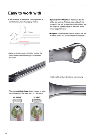 140
CC BB
C
C
B
B
▪▪ The U-Design at the handle section provides a
comfortable surface for gripping the tool
Easy to work with
▪▪ Wide surface in corners, to better position the
thumb while safely fastening or unfastening
the screw
▪▪ The asymmetrical shape allows the user to know
the orientation of the open end (15 º left or right)
15º Right 15º left
▪▪ Highly visible and uni-directional size marking
▪▪ Dynamic DriveTM
Profile: It maximises the life
of the tool and nut. The tool does not touch the
corners of the nut, so it avoids rounding them, and
the torque is applied directly to the sides which
improves performance
▪▪ Ring end: Conical shape on both sides of the ring
to introduce the nut or screw heads more easily
Thicker
 