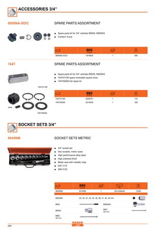 284
Spare parts assortment
■■ Spare parts kit for 3/4” ratchets 8950N, 8950N/A
■■ Content: 8 pce
731415
8950NA-SO/2 1816605 1 546
Spare parts assortment
■■ Spare parts kit for 3/4” ratchets 8952N, 8952N/A
■■ 744T01190 spare reversible square drive
■■ 744T00000 full repair kit
841334
744T01190 5206761 1 170
744T00000 5210638 1 340
Socket sets Metric
■■ 3/4” socket set
■■ Hex sockets, metric sizes
■■ High performance alloy steel
■■ High polished finish
■■ Metal case with metallic inlay
■■ ISO 1174
■■ DIN 3120
731415 mm
8845NM 1810955 1 591x206x94 13200
8900SM 22, 24, 27, 30, 32, 36, 38, 41, 46, 50 mm
8953 8950N/A
8954A
8961
200 mm
8962
400 mm
ACCESSORIES 3/4”
8950NA-SO/2
744T
744T01190
744T00000
SOCKET SETS 3/4”
8845NM
 