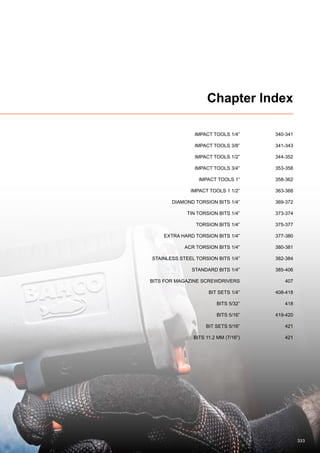 333
Chapter Index
	 IMPACT TOOLS 1/4”	 340-341
	 IMPACT TOOLS 3/8”	 341-343
	 IMPACT TOOLS 1/2”	 344-352
	 IMPACT TOOLS 3/4”	 353-358
	 IMPACT TOOLS 1”	 358-362
	 IMPACT TOOLS 1 1/2”	 363-368
	 DIAMOND TORSION BITS 1/4”	 369-372
	 TIN TORSION BITS 1/4”	 373-374
	 TORSION BITS 1/4”	 375-377
	 EXTRA HARD TORSION BITS 1/4”	 377-380
	 ACR TORSION BITS 1/4”	 380-381
	 STAINLESS STEEL TORSION BITS 1/4”	 382-384
	 STANDARD BITS 1/4”	 385-406
	 BITS FOR MAGAZINE SCREWDRIVERS	 407
	 BIT SETS 1/4”	 408-418
	 BITS 5/32”	 418
	 BITS 5/16”	 419-420
	 BIT SETS 5/16”	 421
	 BITS 11.2 mm (7/16”)	 421
 