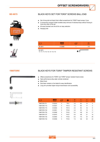 523
Black keys set for TORX®
screws ball end
■■ Set of long ball end black finish offset screwdrivers for TORX®
head screws, 8 pcs
■■ 2-component compact holder enables easy removal of individual keys without having to
move any other of the set
■■ All sizes branded onto the lid for an easy selection
■■ Hanging hole
731415
BE-9675 0123889 1 175
BE-9675
T9, T10, T15, T20, T25, T27, T30, T40
Black keys for TORX®
Tamper Resistant screws
■■ Offset screwdrivers for TORX®
and TORX®
tamper resistant head screws
■■ High performance alloy steel, entirely hardened
■■ Black finish
■■ Size laser marked on the blade for easy identification
■■ Long arm provides higher torque transmission and accessibility
731415
Ø
mm
b
mm
a
mm
1986TORX-T9 0122233 5 TR 9 3.0 80 16 4
1986TORX-T10 0123537 5 TR 10 3.0 86 17 5
1986TORX-T15 0123544 5 TR 15 4.0 90 18 8
1986TORX-T20 0123551 5 TR 20 4.0 95 19 11
1986TORX-T25 0123568 5 TR 25 5.0 100 20 17
1986TORX-T27 0123575 5 TR 27 5.0 105 21 19
1986TORX-T30 0123582 5 TR 30 6.0 114 24 29
1986TORX-T40 0123599 5 TR 40 7.0 124 26 43
OFFSET SCREWDRIVERS
BE-9675
1986TORX
 