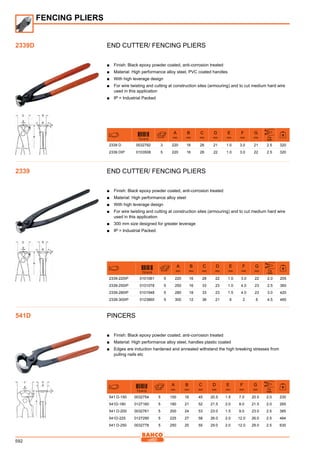 592
End cutter/ Fencing pliers
■■ Finish: Black epoxy powder coated, anti-corrosion treated
■■ Material: High performance alloy steel, PVC coated handles
■■ With high leverage design
■■ For wire twisting and cutting at construction sites (armouring) and to cut medium hard wire
used in this application
■■ IP = Industrial Packed
731415
A
mm
B
mm
C
mm
D
mm
E
mm
F
mm
G
mm Fe
mm
2339 D 0032792 3 220 16 28 21 1.0 3.0 21 2.5 320
2339 DIP 0103508 5 220 16 28 22 1.0 3.0 22 2.5 320
End cutter/ Fencing pliers
■■ Finish: Black epoxy powder coated, anti-corrosion treated
■■ Material: High performance alloy steel
■■ With high leverage design
■■ For wire twisting and cutting at construction sites (armouring) and to cut medium hard wire
used in this application
■■ 300 mm size designed for greater leverage
■■ IP = Industrial Packed
731415
A
mm
B
mm
C
mm
D
mm
E
mm
F
mm
G
mm Fe
mm
2339-220IP 0101061 5 220 16 28 22 1.0 3.0 22 2.0 205
2339-250IP 0101078 5 250 16 33 23 1.0 4.0 23 2.5 360
2339-280IP 0101948 5 280 18 33 23 1.5 4.0 23 3.0 420
2339-300IP 0123865 5 300 12 36 21 6 2 6 4.5 465
Pincers
■■ Finish: Black epoxy powder coated, anti-corrosion treated
■■ Material: High performance alloy steel, handles plastic coated
■■ Edges are induction hardened and annealed withstand the high breaking stresses from
pulling nails etc
731415
A
mm
B
mm
C
mm
D
mm
E
mm
F
mm
G
mm Fe
mm
541 D-150 0032754 5 150 16 45 20.5 1.5 7.0 20.5 2.0 230
541D-180 0127160 5 180 21 52 21.5 2.0 8.0 21.5 2.0 265
541 D-200 0032761 5 200 24 53 23.0 1.5 9.0 23.0 2.5 385
541D-225 0127290 5 225 27 58 26.0 2.0 12.0 26.0 2.5 484
541 D-250 0032778 5 250 20 55 29.0 2.0 12.0 29.0 2.5 630
FENCING PLIERS
2339D
2339
541D
 