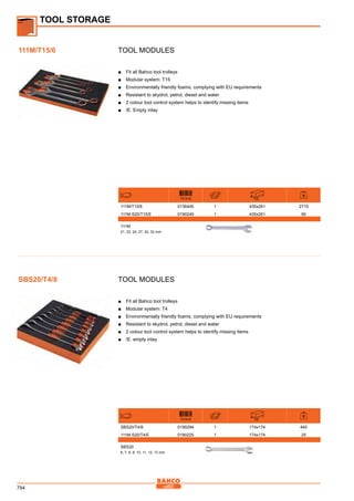 794
Tool Modules
■■ Fit all Bahco tool trolleys
■■ Modular system: T15
■■ Environmentally friendly foams, complying with EU requirements
■■ Resistant to skydrol, petrol, diesel and water
■■ 2 colour tool control system helps to identify missing items
■■ /E: Empty inlay
731415 mm
111M/T15/6 0136445 1 435x261 2715
111M-S20/T15/E 0190249 1 435x261 90
111M
21, 22, 24, 27, 30, 32 mm
Tool Modules
■■ Fit all Bahco tool trolleys
■■ Modular system: T4
■■ Environmentally friendly foams, complying with EU requirements
■■ Resistant to skydrol, petrol, diesel and water
■■ 2 colour tool control system helps to identify missing items
■■ /E: empty inlay
731415 mm
SBS20/T4/8 0190294 1 174x174 445
111M-S20/T4/E 0190225 1 174x174 25
SBS20
6, 7, 8, 9, 10, 11, 12, 13 mm
TOOL STORAGE
111M/T15/6
SBS20/T4/8
 