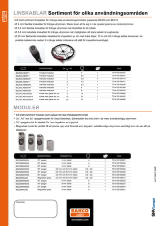 LINSKABLAR Sortiment för olika användningsområden
•	Ett	brett	sortiment	linskablar	för	många	olika	användningsområden	passande	BE200	och	BE210
•	Ø	4	mm	flexibla	linskablar	för	trånga	utrymmen.	Klarar	även	att	ta	sig	in	i	de	nyaste	typerna	av	motorutrymmen
•	Ø	5,5	mm	flexibla	linskablar	för	trånga	utrymmen	när	flexibilitet	är	ett	måste
•	Ø	5,8	mm	halvstela	linskablar	för	trånga	utrymmen	när	möjligheten	att	styra	kabeln	är	avgörande
•	Ø	25	mm	fjädrande	linskablar	idealiska	för	inspektion	av	rör	med	tvära	böjar.	10	m	och	25	m	långa	kablar	levereras	i	en	
 praktisk	kabelvinda	medan	3	m	långa	kablar	inkluderar	ett	ställ	för	inspektionsverktyget




                                  	                                                                       	

                         BESKRIVNING                         	              	               	            EAN
 	                                                           m          mm

 BE200CAB40F1            Flexibel	linskabel                  1          4                   1       7314150165391
 BE200CAB55F1            Flexibel	linskabel                  1          5,5                 1       7314150165407
 BE200CAB58SR1           Halvstel	linskabel                  1          5,8                 1       7314150165414
 BE200CAB55F3            Flexibel	linskabel                  3          5,5                 1       7314150165421
 BE200CAB58SR3           Halvstel	linskabel                  3          5,8                 1       7314150165438
 BE200CAB80SR1           Halvstel	linskabel                  1          8                   1       7314150165384
 BE200CAB80SR3           Halvstel	linskabel                  3          8                   1       7314150165476
 BE200CAB250SH3          Kabel	med	fjäder	för	rör            3          25                  1       7314150165445	
 BE200CAB250SH10         Kabel	med	fjäder	för	rör            10         25                  1       7314150165452
 BE200CAB250SH25         Kabel	med	fjäder	för	rör            25         25                  1       7314150165469



MODULER
•	 Ett	brett	sortiment	moduler	som	passar	till	hela	linskabelsortimentet
•	 35°,	45°	och	55°	spegelmoduler	för	ökad	flexibilitet.	Säkerställer	bra	sikt	även	i	de	mest	svåråtkomliga	utrymmen
•	 55°	spegelmodul	är	idealisk	för	t	ex	inspektion	av	topplock
•	 Magnetisk	modul	är	perfekt	till	att	plocka	upp	små	föremål	som	tappats	i	svåråtkomliga	utrymmen	samtidigt	som	du	ser	allt	på	
  displayen




                              	                          	                                                	
                                                         	                         	            	
 	                     BESKRIVNING                  PASSAR	TILL                                          EAN
                                                                                  mm
 BE200MIR4035          35°	spegel                    4	mm	kabel                    4            1   7314150165827
 BE200MIR4045          45°	spegel                    4	mm	kabel                    4            1   7314150165834
 BE200MIR4055          55°	spegel                    4	mm	kabel                    4            1   7314150165841
                                                                                                                                   AUT-0661-SWE




 BE200MIR5535          35°	spegel             5,5	mm	och	5,8	mm	kabel           5,5	-	5,8       1   7314150165483
 BE200MIR5545          45°	spegel             5,5	mm	och	5,8	mm	kabel           5,5	-	5,8       1   7314150165490
 BE200MIR5555          55°	spegel             5,5	mm	och	5,8	mm	kabel           5,5	-	5,8       1   7314150165506
 BE200MAG55            Magnetisk	spets        5,5	mm	och	5,8	mm	kabel           5,5	-	5,8       1   7314150165513
 BE200MIR8035          35°	spegel                    8	mm	kabel                    8            1   7314150165520
 BE200MIR8045          45°	spegel                    8	mm	kabel                    8            1   7314150165537
 BE200MIR8055          55°	spegel                    8	mm	kabel                    8            1   7314150165544
 BE200MAG80            Magnetisk	spets               8	mm	kabel                    8            1   7314150165551




  Distributör:
 