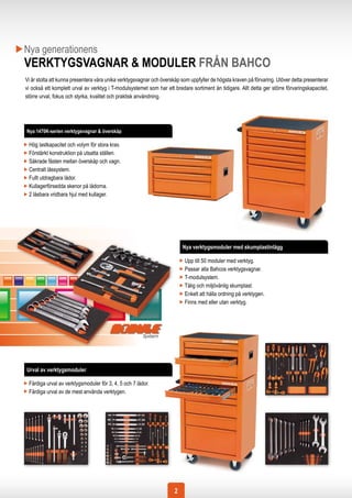 Nya generationens
VERKTYGSVAGNAR & MODULER FRÅN BAHCO
Vi är stolta att kunna presentera våra unika verktygsvagnar och överskåp som uppfyller de högsta kraven på förvaring. Utöver detta presenterar
vi också ett komplett urval av verktyg i T-modulsystemet som har ett bredare sortiment än tidigare. Allt detta ger större förvaringskapacitet,
större urval, fokus och styrka, kvalitet och praktisk användning.




Nya 1470K-serien verktygsvagnar & överskåp

 Hög lastkapacitet och volym för stora krav.
 Förstärkt konstruktion på utsatta ställen.
 Säkrade fästen mellan överskåp och vagn.
 Centralt låssystem.
 Fullt utdragbara lådor.
 Kullagerförsedda skenor på lådorna.
 2 låsbara vridbara hjul med kullager.




                                                                          Nya verktygsmoduler med skumplastinlägg

                                                                          Upp till 50 moduler med verktyg.
                                                                          Passar alla Bahcos verktygsvagnar.
                                                                          T-modulsystem.
                                                                          Tålig och miljövänlig skumplast.
                                                                          Enkelt att hålla ordning på verktygen.
                                                                          Finns med eller utan verktyg.




Urval av verktygsmoduler

 Färdiga urval av verktygsmoduler för 3, 4, 5 och 7 lådor.
 Färdiga urval av de mest använda verktygen.




                                                                      2
 