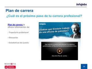 Plan de carrera
¿Cuál es el próximo paso de tu carrera profesional?

 Plan de carrera te
 ofrece información de:

 - Trayectoria profesional

 - Educación

 - Estadísticas del puesto




                                                      20
 