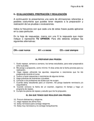 Página 9 de 10
6.- EVALUACIONES: PREPRACIÓN Y REALIZACIÓN
A continuación te presentamos una serie de afirmaciones referentes a
posibles costumbres que puedes tener respecto a la preparación y
realización de tus pruebas o evaluaciones.
Indica la frecuencia con que cada una de estas frases pueda aplicarse
en tu caso particular.
En la hoja de respuestas, marca con una X la respuesta que mejor
indique o represente TU OPINIÓN. Para ello deberás emplear las
siguientes alternativas:
CN = casi nunca AV = a veces CS = casi siempre
AL PREPARAR UNA PRUEBA
1. Suelo repasar, semana a semana, los temas estudiados, para estar preparado/a
ante la prueba.
2. Me pongo a prepararla, como mínimo 15 días antes de la fecha prevista para su
realización.
3. Hago repaso utilizando los apuntes, esquemas o resúmenes que he ido
preparando durante el curso.
4. Vuelvo a hacer esquemas o resúmenes de algunos temas.
5. Hago prácticas de exámenes o pruebas.
6. Consulto a los profesores las dudas que me surgen.
7. Cuando estoy estudiando para un examen, me pongo bastante nervioso/a y/o
angustiado/a.
8. Cuando conozco la fecha de un examen, organizo mi tiempo y hago un
programa de repaso.
9. Cumplo los planes de repaso y estudio que me he propuesto.
EL DIA QUE TENGO QUE REALIZAR UNA PRUEBA
10. Procuro distraerme y relajarme.
11. Hago repasos de última hora.
12. Estoy nervioso/a pero consigo relajarme.
13. Estoy muy nervioso/a y no consigo tranquilizarme.
 