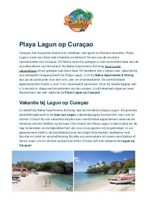 Playa Lagun op Curaçao
Curaçao, het tropische eiland met ontelbaar veel grote en kleinere stranden. Playa
Lagun is een van deze vele stranden en behoort tot een van de mooiere
zandstranden van Curaçao. Dit kleine strand is gelegen in een verscholen baai aan de
noordwestkant van het eiland. Bij Bahia Apartments & Diving huurt u een
vakantiehuis direct gelegen aan deze baai. Dit betekent dat u tijdens een vakantie bij
ons onbeperkt toegang heeft tot Playa Lagun. U zit bij Bahia Apartments & Diving
dus op de juiste plek voor een zon-, zee- en strandvakantie. De comfortabele
appartementen boekt u voor 2 tot maximaal 8 personen. Door de unieke ligging valt
u 's avonds in slaap met de geluiden van de oceaan. U zal helemaal uitgerust weer
thuiskomen van een vakantie bij Playa Lagun op Curaçao!
Vakantie bij Lagun op Curaçao
U verblijft bij Bahia Apartments & Diving vlak bij het kleine dorpje Lagun. De grootste
aantrekkingskracht is de baai van Lagun, vakantiegangers komen hier voor rust en
ruimte. U huurt bij ons vakantiecomplex een comfortabel appartement waarvan de
meesten uitzicht hebben op de baai. Het strand van Playa Lagun is eenvoudig via de
trap te bereiken en de ligbedden hier zijn voor onze gasten vrij te gebruiken. In uw
appartement heeft u de beschikking over een ingerichte keuken, badkamer met
douche en toilet en airconditioning. Bij elke accommodatie zit tevens een balkon of
terras, waar u tot in de late uurtjes kan zitten. Ervaar zelf een vakantie bij Lagun op
Curaçao!
 
