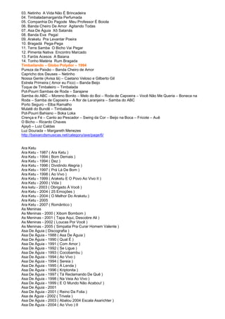 03. Netinho A Vida Não É Brincadeira
04. Timbaladamargarida Perfumada
05. Companhia Do Pagode Meu Professor É Boiola
06. Banda Cheiro De Amor Agitando Todas
07. Asa De Águia Xô Satanás
08. Banda Eva Pegaí
09. Araketu Pra Levantar Poeira
10. Bragadá Pega-Pega
11. Terra Samba O Bicho Vai Pegar
12. Pimenta Nativa Encontro Marcado
13. Faróis Acesos A Baiana
14. Tonho Matéria Rum Bragada
Timbailando – Globo Polydor – 1994
Pureza da Paixão – Banda Cheiro de Amor
Capricho dos Deuses – Netinho
Nossa Gente (Avisa lá) – Caetano Veloso e Gilberto Gil
Estrela Primeira ( Amor eu Fico) – Banda Beijo
Toque de Timbaleiro – Timbalada
Pot-Pourri Sambas de Roda – Sarajane
Samba do ABC – Moreno Bonito – Melo do Boi – Roda de Capoeira – Você Não Me Queria – Boneca na
Roda – Samba de Capoeira – A flor de Laranjeira – Samba do ABC
Porto Seguro – Elba Ramalho
Mulatê do Bundê – Timbalada
Pot-Pourri Bahiano – Boka Loka
Crença e Fé – Canto ao Pescador – Swing da Cor – Beijo na Boca – Fricote – Auê
O Bicho – Ricardo Chaves
Ajayô – Luiz Caldas
Luz Dourada – Margareth Menezes
http://baixarcdsmusicas.net/category/axe/page/6/


Ara Ketu
Ara Ketu - 1987 ( Ara Ketu )
Ara Ketu - 1994 ( Bom Demais )
Ara Ketu - 1994 ( Dez )
Ara Ketu - 1996 ( Dividindo Alegria )
Ara Ketu - 1997 ( Prá Lá De Bom )
Ara Ketu - 1998 ( Ao Vivo )
Ara Ketu - 1999 ( Araketu E O Povo Ao Vivo II )
Ara Ketu - 2000 ( Vida )
Ara ketu - 2003 ( Obrigado À Você )
Ara Ketu - 2004 ( 25 Emoções )
Ara Ketu - 2004 ( O Melhor Do Araketu )
Ara Ketu - 2005
Ara Ketu - 2007 ( Romântico )
As Meninas
As Meninas - 2000 ( Xibom Bombom )
As Meninas - 2001 ( Tapa Aqui, Descobre Ali )
As Meninas - 2002 ( Loucas Por Você )
As Meninas - 2005 ( Simpatia Pra Curar Homem Valente )
Asa De Águia ( Discografia )
Asa De Águia - 1988 ( Asa De Águia )
Asa De Águia - 1990 ( Qual É )
Asa De Águia - 1991 ( Com Amor )
Asa De Águia - 1992 ( Se Ligue )
Asa De Águia - 1993 ( Cocobambu )
Asa De Águia - 1994 ( Ao Vivo )
Asa De Águia - 1994 ( Sereia )
Asa De Águia - 1995 ( Á Lenda )
Asa De Águia - 1996 ( Kriptonita )
Asa De Águia - 1997 ( Tá Reclamando De Quê )
Asa De Águia - 1998 ( Na Veia Ao Vivo )
Asa De Águia - 1999 ( E O Mundo Não Acabou! )
Asa De Águia - 2001
Asa De Águia - 2001 ( Reino Da Folia )
Asa de Águia - 2002 ( Trivela )
Asa De Águia - 2003 ( Abalou 2004 Escala Asarichter )
Asa De Águia - 2004 ( Ao Vivo ) II
 