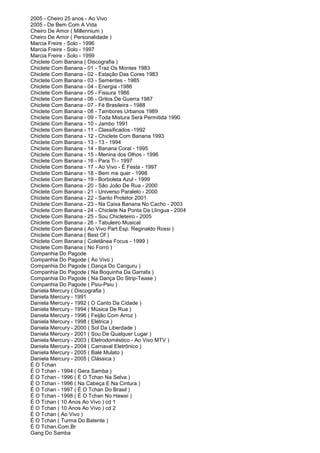 2005 - Cheiro 25 anos - Ao Vivo
2005 - De Bem Com A Vida
Cheiro De Amor ( Millennium )
Cheiro De Amor ( Personalidade )
Marcia Freire - Solo - 1996
Marcia Freire - Solo - 1997
Marcia Freire - Solo - 1999
Chiclete Com Banana ( Discografia )
Chiclete Com Banana - 01 - Traz Os Montes 1983
Chiclete Com Banana - 02 - Estação Das Cores 1983
Chiclete Com Banana - 03 - Sementes - 1985
Chiclete Com Banana - 04 - Energia -1986
Chiclete Com Banana - 05 - Fissura 1986
Chiclete Com Banana - 06 - Gritos De Guerra 1987
Chiclete Com Banana - 07 - Fé Brasileira - 1988
Chiclete Com Banana - 08 - Tambores Urbanos 1989
Chiclete Com Banana - 09 - Toda Mistura Será Permitida 1990
Chiclete Com Banana - 10 - Jambo 1991
Chiclete Com Banana - 11 - Classificados -1992
Chiclete Com Banana - 12 - Chiclete Com Banana 1993
Chiclete Com Banana - 13 - 13 - 1994
Chiclete Com Banana - 14 - Banana Coral - 1995
Chiclete Com Banana - 15 - Menina dos Olhos - 1996
Chiclete Com Banana - 16 - Para Ti - 1997
Chiclete Com Banana - 17 - Ao Vivo - É Festa - 1997
Chiclete Com Banana - 18 - Bem me quer - 1998
Chiclete Com Banana - 19 - Borboleta Azul - 1999
Chiclete Com Banana - 20 - São João De Rua - 2000
Chiclete Com Banana - 21 - Universo Paralelo - 2000
Chiclete Com Banana - 22 - Santo Protetor 2001
Chiclete Com Banana - 23 - Na Caixa Banana No Cacho - 2003
Chiclete Com Banana - 24 - Chiclete Na Ponta Da Llíngua - 2004
Chiclete Com Banana - 25 - Sou Chicleteiro - 2005
Chiclete Com Banana - 26 - Tabuleiro Musical
Chiclete Com Banana ( Ao Vivo Part.Esp. Reginaldo Rossi )
Chiclete Com Banana ( Best Of )
Chiclete Com Banana ( Coletânea Focus - 1999 )
Chiclete Com Banana ( No Forró )
Companhia Do Pagode
Companhia Do Pagode ( Ao Vivo )
Companhia Do Pagode ( Dança Do Canguru )
Companhia Do Pagode ( Na Boquinha Da Garrafa )
Companhia Do Pagode ( Na Dança Do Strip-Tease )
Companhia Do Pagode ( Psiu-Psiu )
Daniela Mercury ( Discografia )
Daniela Mercury - 1991
Daniela Mercury - 1992 ( O Canto Da Cidade )
Daniela Mercury - 1994 ( Música De Rua )
Daniela Mercury - 1996 ( Feijão Com Arroz )
Daniela Mercury - 1998 ( Elétrica )
Daniela Mercury - 2000 ( Sol Da Liberdade )
Daniela Mercury - 2001 ( Sou De Qualquer Lugar )
Daniela Mercury - 2003 ( Eletrodoméstico - Ao Vivo MTV )
Daniela Mercury - 2004 ( Carnaval Eletrônico )
Daniela Mercury - 2005 ( Balé Mulato )
Daniela Mercury - 2005 ( Clássica )
É O Tchan
É O Tchan - 1994 ( Gera Samba )
É O Tchan - 1996 ( É O Tchan Na Selva )
É O Tchan - 1996 ( Na Cabeça E Na Cintura )
É O Tchan - 1997 ( É O Tchan Do Brasil )
É O Tchan - 1998 ( É O Tchan No Hawaí )
É O Tchan ( 10 Anos Ao Vivo ) cd 1
É O Tchan ( 10 Anos Ao Vivo ) cd 2
É O Tchan ( Ao Vivo )
É O Tchan ( Turma Do Batente )
É O Tchan.Com.Br
Gang Do Samba
 