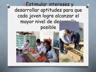 oEstimular intereses y
desarrollar aptitudes para que
cada joven logre alcanzar el
mayor nivel de desarrollo
posible
 