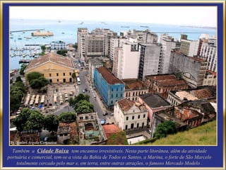Também  a  Cidade Baixa   tem encantos irresistíveis. Nesta parte litorânea, além da atividade portuária e comercial, tem-se a vista da Bahia de Todos os Santos, a Marina, o forte de São Marcelo totalmente cercado pelo mar e, em terra, entre outras atrações, o famoso Mercado Modelo . 