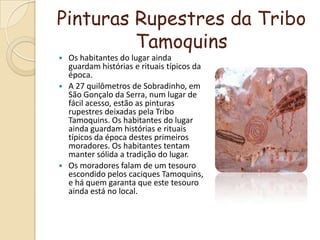 Pinturas Rupestres da Tribo TamoquinsOs habitantes do lugar ainda guardam histórias e rituais típicos da época.A 27 quilômetros de Sobradinho, em São Gonçalo da Serra, num lugar de fácil acesso, estão as pinturas rupestres deixadas pela Tribo Tamoquins. Os habitantes do lugar ainda guardam histórias e rituais típicos da época destes primeiros moradores. Os habitantes tentam manter sólida a tradição do lugar. Os moradores falam de um tesouro escondido pelos caciques Tamoquins, e há quem garanta que este tesouro ainda está no local.