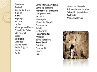 CanaranaCentralGentio do OuroIbipebaIbititáItaguaçuJussaraLapãoMulungu do MorroPresidente DutraSão GabrielUibaíNordesteCanudosMonte SantoSanta BrígidaUauáOesteSanta Maria da VitóriaSerra do RamalhoPiemonte da ChapadaCampo FormosoJacobinaMirangabaMorro do ChapéuOurolândiaSaúdeUmburanasRecôncavo SulMilagresSanta TerezinhaSerra GeralCaetitéGuanambiItuaçuIuiuLicínio de AlmeidaPalmas de Monte AltoSebastião LaranjeirasSudoesteManoel Vitorino