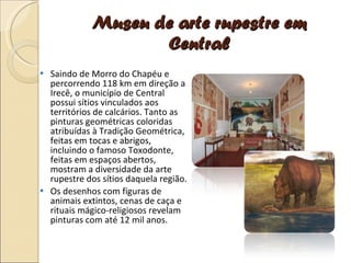 Museu de arte rupestre em Central Saindo de Morro do Chapéu e percorrendo 118 km em direção a Irecê, o município de Central possui sítios vinculados aos territórios de calcários. Tanto as pinturas geométricas coloridas atribuídas à Tradição Geométrica, feitas em tocas e abrigos, incluindo o famoso Toxodonte, feitas em espaços abertos, mostram a diversidade da arte rupestre dos sítios daquela região. Os desenhos com figuras de animais extintos, cenas de caça e rituais mágico-religiosos revelam pinturas com até 12 mil anos. 