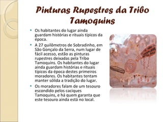 Pinturas Rupestres da Tribo Tamoquins Os habitantes do lugar ainda guardam histórias e rituais típicos da época. A 27 quilômetros de Sobradinho, em São Gonçalo da Serra, num lugar de fácil acesso, estão as pinturas rupestres deixadas pela Tribo Tamoquins. Os habitantes do lugar ainda guardam histórias e rituais típicos da época destes primeiros moradores. Os habitantes tentam manter sólida a tradição do lugar.  Os moradores falam de um tesouro escondido pelos caciques Tamoquins, e há quem garanta que este tesouro ainda está no local. 