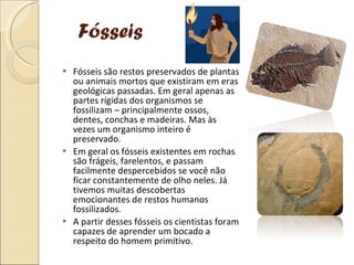 Fósseis Fósseis são restos preservados de plantas ou animais mortos que existiram em eras geológicas passadas. Em geral apenas as partes rígidas dos organismos se fossilizam – principalmente ossos, dentes, conchas e madeiras. Mas às vezes um organismo inteiro é preservado. Em geral os fósseis existentes em rochas são frágeis, farelentos, e passam facilmente despercebidos se você não ficar constantemente de olho neles. Já tivemos muitas descobertas emocionantes de restos humanos fossilizados.  A partir desses fósseis os cientistas foram capazes de aprender um bocado a respeito do homem primitivo.  