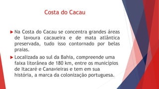 Costa do Cacau
 Na Costa do Cacau se concentra grandes áreas
de lavoura cacaueira e de mata atlântica
preservada, tudo isso contornado por belas
praias.
 Localizada ao sul da Bahia, compreende uma
faixa litorânea de 180 km, entre os municípios
de Itacaré e Canavieiras e tem em sua
história, a marca da colonização portuguesa.
 