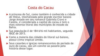 Costa do Cacau
 A princesa do Sul, como também é conhecida a cidade
de Ilhéus, imortalizada pelo grande escritor baiano
Jorge Amado em seu romance Gabriela Cravo e
Canela, é considerada a capital do cacau e tem o
mais extenso litoral dos municípios do estado da
Bahia.
 Sua população é de 184 616 mil habitantes, segundo
IBGE de 2013.
 Como a maioria das cidades do litoral sul-baiano,
possui clima tropical úmido.
 Seus casarões e igrejas remanescentes do período de
ouro do cacau, são um convite ao passeio pela
história desse lugar.
 