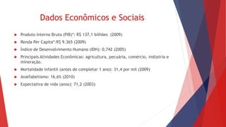 Dados Econômicos e Sociais
 Produto Interno Bruto (PIB)*: R$ 137,1 bilhões (2009)
 Renda Per Capita*:R$ 9.365 (2009)
 Índice de Desenvolvimento Humano (IDH): 0,742 (2005)
 Principais Atividades Econômicas: agricultura, pecuária, comércio, indústria e
mineração.
 Mortalidade Infantil (antes de completar 1 ano): 31,4 por mil (2009)
 Analfabetismo: 16,6% (2010)
 Expectativa de vida (anos): 71,2 (2003)
 