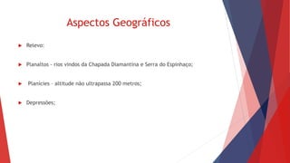 Aspectos Geográficos
 Relevo:
 Planaltos - rios vindos da Chapada Diamantina e Serra do Espinhaço;
 Planícies – altitude não ultrapassa 200 metros;
 Depressões;
 