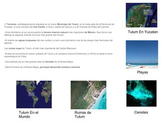  Terrenos, estrategicamente ubicados en el nuevo Municipio de Tulum, en la costa este de la Peninsula de
Yucatan, a unos minutos del mar Caribe, a hora y media de Cancun y a 40 minutos de Playa del Carmen.
Unos kilometros al sur se encuentra la tercera reserva natural màs importante de México, Sian Ka’an que
alberga al segundo arrecife de coral màs grande del mundo.
Al oriente las aguas turquesas del mar caribe y a solo unos kilometros una de las playas màs hermosas del
planeta.
Las ruinas maya de Tulum, el sitio màs importante del Caribe Mexicano.
Al este se encuentra el rùstico poblado de Tulum y la carretera Cancùn-Chetumal y a 30 km al oeste la zona
arqueologica de Coba.
Circundando por la màs grande aréa de Cenotes de la Riviera Maya
Ultima frontera de la Riviera Maya, principal desarrollo turistico nacional
Tulum En el
Mundo
Ruinas de
Tulum
Cenotes
Playas
Tulum En Yucatan
 