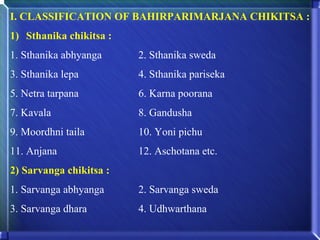 I. CLASSIFICATION OF BAHIRPARIMARJANA CHIKITSA :
1) Sthanika chikitsa :
1. Sthanika abhyanga     2. Sthanika sweda
3. Sthanika lepa         4. Sthanika pariseka
5. Netra tarpana         6. Karna poorana
7. Kavala                8. Gandusha
9. Moordhni taila        10. Yoni pichu
11. Anjana               12. Aschotana etc.
2) Sarvanga chikitsa :
1. Sarvanga abhyanga     2. Sarvanga sweda
3. Sarvanga dhara        4. Udhwarthana
 