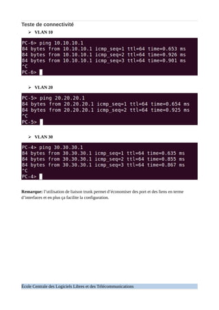 Teste de connectivité
➢ VLAN 10
➢ VLAN 20
➢ VLAN 30
Remarque: l’utilisation de liaison trunk permet d’économiser des port et des liens en terme
d’interfaces et en plus ça facilite la configuration.
École Centrale des Logiciels Libres et des Télécommunications
 