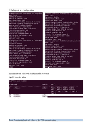 Affichage de ses configuration
c) Création des Vlan10 et Vlan20 sur les 4 switch
d) affichons les Vlan
École Centrale des Logiciels Libres et des Télécommunications
 