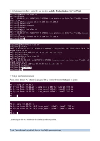 e) Création des interfaces virtuelles sur les deux switchs de distribution (SW1 et SW2)
f) Test de bon fonctionnement
Nous allons depuis PC-1 faire un ping sur PC-2 comme le montre la figure ci-après :
La remarque elle est bonne car la connectivité fonctionne.
École Centrale des Logiciels Libres et des Télécommunications
 
