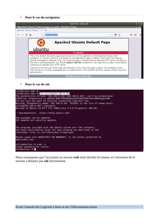 • Pour le cas du navigateur
• Pour le vas de ssh
Nous remarquons que l’accession au serveur web situé derrière le routeur et l’ouverture de la
session à distance par ssh fonctionnent.
École Centrale des Logiciels Libres et des Télécommunications
 
