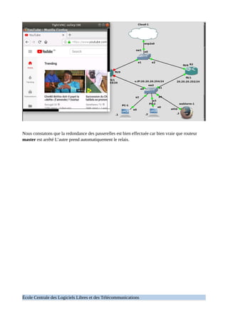 Nous constatons que la redondance des passerelles est bien effectuée car bien vraie que routeur
master est arrêté L’autre prend automatiquement le relais.
École Centrale des Logiciels Libres et des Télécommunications
 