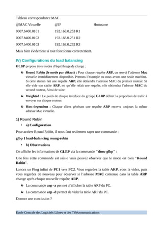 Tableau correspondance MAC
@MAC Virtuelle @IP Hostname
0007.b400.0101 192.168.0.253 R1
0007.b400.0102 192.168.0.251 R2
0007.b400.0103 192.168.0.252 R3
Mais bien évidement si tout fonctionne correctement.
IV) Configurations du load balancing
GLBP propose trois modes d’équilibrage de charge :
Round Robin (le mode par défaut) : Pour chaque requête ARP, on renvoi l’adresse Mac
virtuelle immédiatement disponible. Prenons l’exemple ou nous avons une seule machine.
Si cette station fait une requête ARP, elle obtiendra l’adresse MAC du premier routeur. Si
elle vide son cache ARP, est qu’elle refait une requête, elle obtiendra l’adresse MAC du
second routeur, Ainsi de suite.
Weighted : Le poids de chaque interface du groupe GLBP définit la proportion de trafic à
envoyer sur chaque routeur.
Host-dependent : Chaque client générant une requête ARP recevra toujours la même
adresse Mac virtuelle.
1) Round Robin
• a) Configuration
Pour activer Round Robin, il nous faut seulement taper une commande :
glbp 1 load-balancing roung-robin
• b) Observations
On affiche les informations de GLBP via la commande "show glbp" :
Une fois cette commande est saisie vous pouvez observer que le mode est bien "Round
Robin".
Lancez un Ping infini de PC1 vers PC2. Vous regardez la table ARP, vous la videz, puis
vous regardez de nouveau pour observer si l’adresse MAC contenue dans la table ARP
change après chaque nouvelle requête ARP.
La commande arp -a permet d’afficher la table ARP du PC.
La commande arp -d permet de vider la table ARP du PC.
Donnez une conclusion ?
École Centrale des Logiciels Libres et des Télécommunications
 