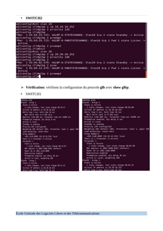 • SWITCH2
➢ Vérification: vérifions la configuration du prtocole glb avec show glbp.
• SWITCH1
École Centrale des Logiciels Libres et des Télécommunications
 