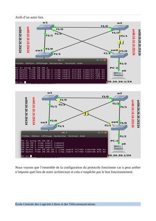 Arrêt d’un autre lien.
Nous voyons que l’ensemble de la configuration du protocole fonctionne car n peut arrêter
n’importe quel lien de notre architecture et cela n’empêche pas le bon fonctionnement.
École Centrale des Logiciels Libres et des Télécommunications
 