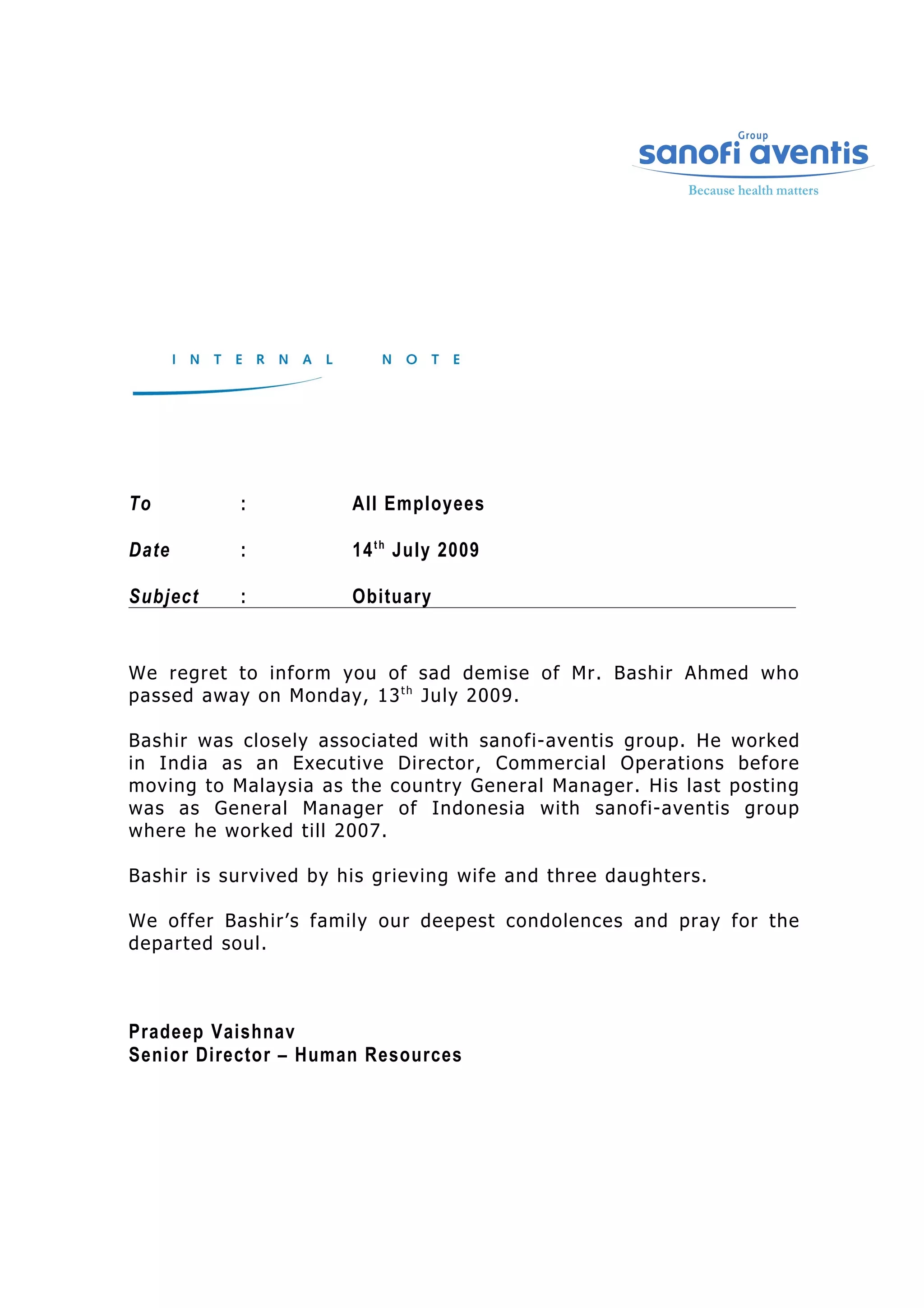 BASHIR Ahmed obituary PDF