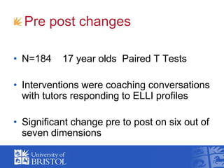 Pre post changes <br />N=184    17 year olds  Paired T Tests<br />Interventions were coaching conversations with tutors re...