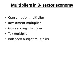 Multipliers in 3- sector economy
• Consumption multiplier
• Investment multiplier
• Gov sending multiplier
• Tax multiplier
• Balanced budget multiplier
 