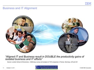 Business and IT Alignment October 21, 2011 IT Leaders Business Leaders “ Aligned IT and Business result in DOUBLE the productivity gains of isolated business and IT efforts” Source: London School of Economics – McKinsey survey and analysis of 100 companies in France, Germany, UK and US 