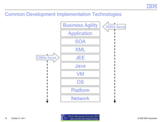Common Development Implementation Technologies October 21, 2011 Java JEE VM OS Platform SOA Application Network Business Agility XML 1990s focus 2000s focus 
