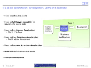 It’s about acceleration! development, users and business Focus on  actionable assets Focus on  full lifecycle traceability  for requirements, assets, code Focus on  Development Acceleration ! “ Right   ” to Code Focus on  User Acceptance Acceleration ! See UI without development Focus on  Business Acceptance Acceleration Governance  of understandable assets Platform independence October 21, 2011 