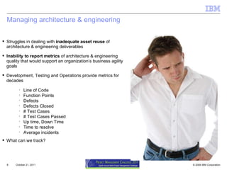 October 21, 2011 Managing architecture & engineering Struggles in dealing with  inadequate asset reuse  of architecture & engineering deliverables Inability to report metrics  of architecture & engineering quality that would support an organization’s business agility goals Development, Testing and Operations provide metrics for decades Line of Code Function Points Defects Defects Closed # Test Cases # Test Cases Passed Up time, Down Time Time to resolve Average incidents What can we track? 