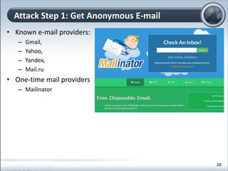 • Known e-mail providers:
– Gmail,
– Yahoo,
– Yandex,
– Mail.ru
• One-time mail providers
– Mailinator
Attack Step 1: Get Anonymous E-mail
28
 